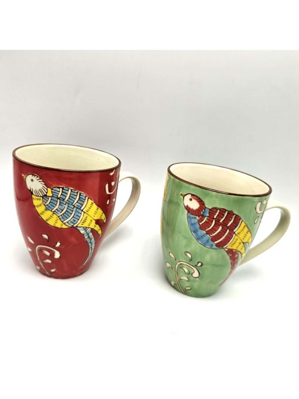 World Market Bird Mugs Set 2 Parrot Macaw Tropical Red Green Painted